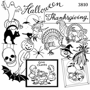 May include: A black and white line art sheet featuring Halloween and Thanksgiving motifs including a ghost, witch, cat, skull, bat, turkey, cornucopia, pumpkins, and a scene with children and the text "Halloween", "Thanksgiving", "Give Thanks", and "3810".