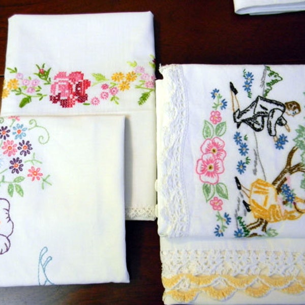 Lot of 4 Vintage Cotton Pillow Cases - Embroidered and Crocheted 8581