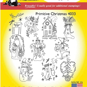 May include: A yellow package of Aunt Martha's Iron-on Transfers titled Primitive Christmas 4033. The sheet features black line art illustrations of a reindeer, bell, house, stocking, Santa, angel, mouse, snowman, and tree with text.