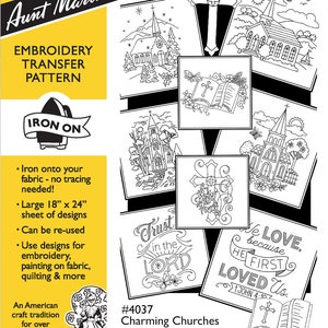 Pode incluir: Uma folha de padrões de transferência de bordado da Aunt Martha's com vários desenhos de igrejas. Os desenhos incluem igrejas, cruzes e citações inspiradoras. A folha mede 45.7 cm x 61 cm e é termocolante, reutilizável e adequada para bordar, pintar e acolchoar.