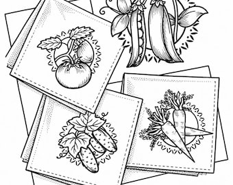 May include: A collection of square cards featuring black and white line art illustrations of vegetables. The designs include a tomato on the vine, a pair of pea pods, a cluster of cucumbers with leaves, and two carrots with leafy tops.