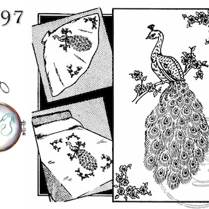 May include: Black and white line art illustration of a peacock with its tail feathers spread out. The peacock is perched on a branch with flowers. The image is labeled with the number 3297.
