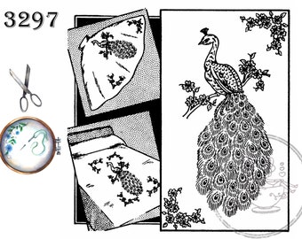 Aunt Martha's 3297, Large Peacock Design, Transfer Patterns, Hot Iron Transfers, Bird Motif Patterns, Embroidery and Crafts