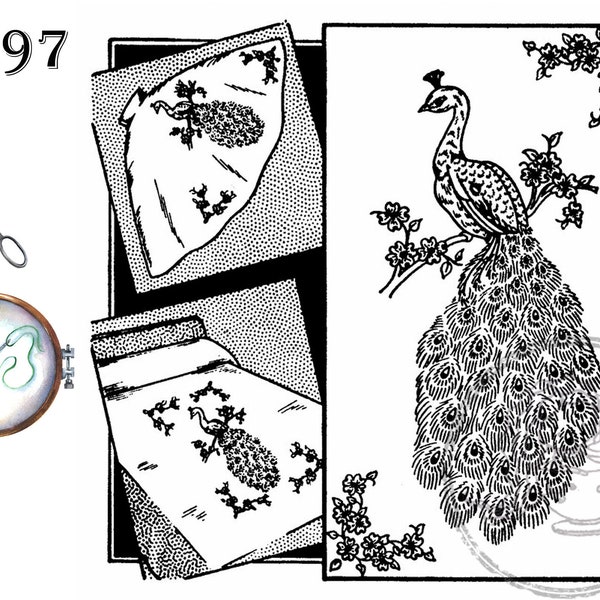 Aunt Martha's 3297, Large Peacock Design, Transfer Patterns, Hot Iron Transfers, Bird Motif Patterns, Embroidery and Crafts