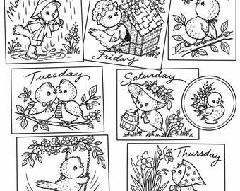 May include: A collection of seven black and white line art illustrations featuring chicks, each labeled with a day of the week. The drawings depict chicks in various scenes, including wearing rain gear, sitting on branches, and playing on a swing.