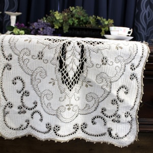DAMAGED Quaker-Like, Machine Lace, Table Runner, Light Tan Cotton Table Scarf, Lace Runner, Picot Edging 17794