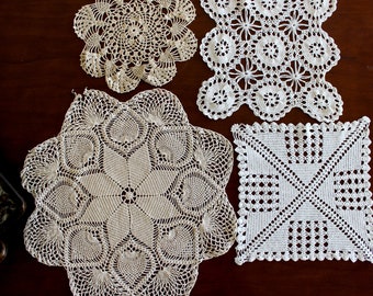 4 Vintage Crochet Doilies, White and Ecru Mix, Handmade Doily Lot 15701