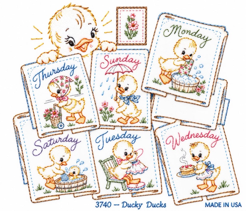 May include: A set of seven embroidered fabric squares featuring yellow ducklings performing daily activities labelled with the days of the week. Each square includes colourful thread work, a small flower motif, and the text 3740 - Ducky Ducks.