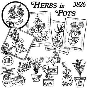May include: Black and white line art illustration titled "HERBS in POTS" featuring various herbs in pots, including watercress, basil, chives, and sage. Each herb is labeled with its name, and some are depicted in whimsical containers.