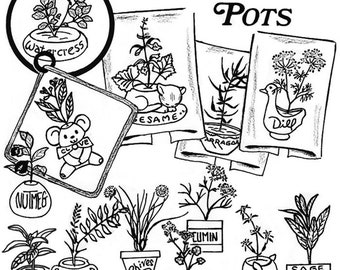 Aunt Martha's, 3826 Herbs in Pots, Embroidery, Transfer Pattern