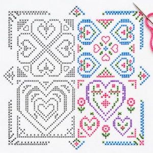 May include: A cross-stitch pattern on white fabric featuring four quadrants of heart motifs. The left side is rendered in black thread, while the right side displays colorful hearts in blue, pink, purple, and green. A needle with pink thread is visible.