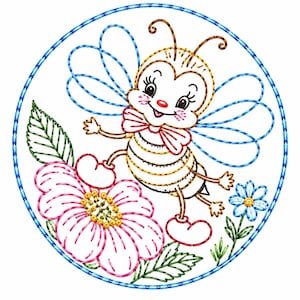 May include: A circular embroidery design featuring a cartoon bee with yellow and black stripes, blue wings, and a red bow tie. The bee is positioned above a large pink flower with a yellow center, a small blue flower, and green leaves.