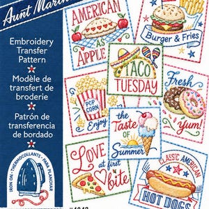 May include: Aunt Martha's embroidery transfer pattern sheet #4043 featuring All-American Treats. The sheet includes designs of a pie, burger and fries, taco, popcorn, donuts, ice cream, pizza, and a hot dog, each measuring approximately 6 inches by 6 inches.