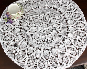 Large White Crocheted Table Topper, Large Pineapple Doily 18391