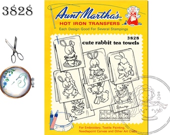 Cute Rabbit Transfers, Tea Towels, Aunt Martha's 3828, Transfer Pattern, Hot Iron Transfers