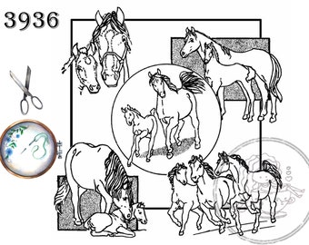 Horses, 3936, Aunt Martha's®, Vintage Embroidery, Transfer Pattern, Hot Iron Transfers, Equestrian Embroidery