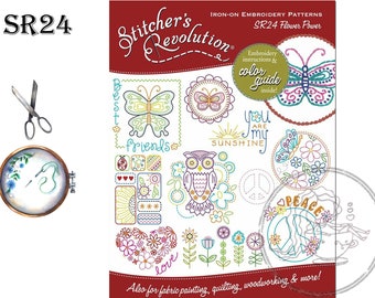 Stitcher's Revolution, SR24, Flower Power, NEW Transfer Pattern, Hot Iron Transfers, Hippie Embroidery