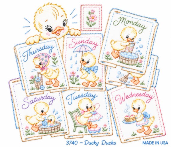 Ducky Ducks, 3740, Transfer Pattern, Hot Iron Transfers, NEW Uncut, Unopened Transfers, Aunt Martha's®, Days of the Week Patterns