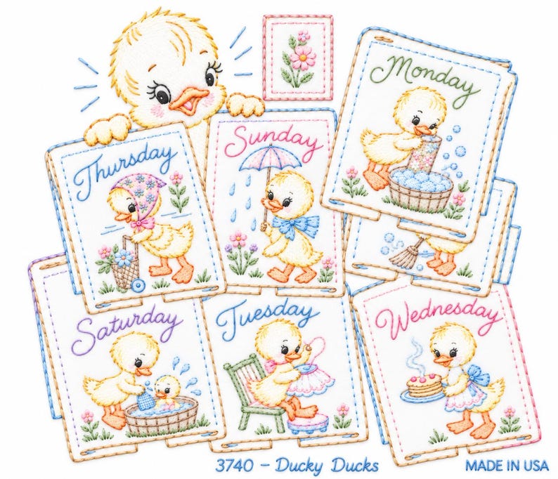 May include: A set of embroidered fabric squares featuring yellow ducklings performing daily tasks labelled with the days of the week. Each square shows a duckling with activities like washing, sewing, or baking. Text includes Monday through Sunday.