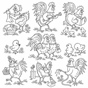 May include: A collection of black and white line art illustrations featuring anthropomorphic chickens and chicks. The scenes depict chickens performing various daily activities including hanging laundry, playing guitar, reading, gardening, and cleaning.