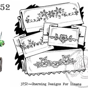 May include: Black and white illustration of folded linens with floral embroidery. The image includes spools of thread, an iron, and the text "3752--Charming Designs For Linens."