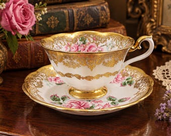 Royal Albert Portrait Series Teacup & Saucer, Pink Floral Footed Tea Cup, Gold Trim, Vintage Bone China 18880