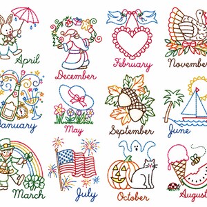 May include: A collection of twelve colorful machine embroidery designs representing each month of the year, featuring seasonal icons like a rabbit for April, Santa for December, a turkey for November, a sailboat for June, and a pumpkin for October.