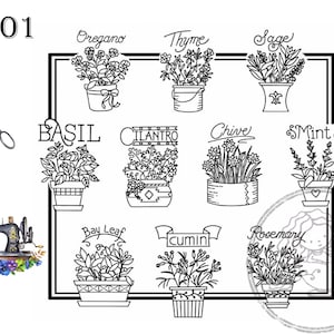 May include: Black and white line art illustration of 10 different herbs in pots. The herbs are labeled with their names: Basil, Cilantro, Chive, Mint, Oregano, Thyme, Sage, Bay Leaf, Cumin, and Rosemary.