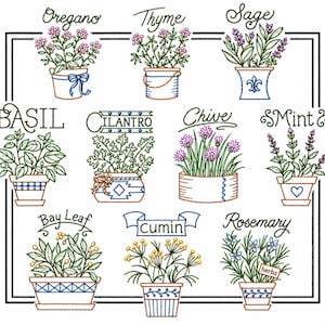 May include: An embroidery design featuring nine potted herbs labeled Oregano, Thyme, Sage, Basil, Cilantro, Chive, Mint, Bay Leaf, Cumin, and Rosemary. Each plant is depicted in a unique decorative pot with stitched details and botanical illustrations.