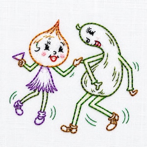 May include: An embroidery design on white fabric featuring two cartoon characters. One character has an orange onion-shaped head, a purple dress, and holds a triangle. The other is a white, curved, bean-like figure with green outlines.