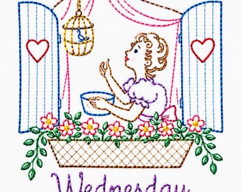 May include: An embroidery design featuring a person at a window with blue shutters, each decorated with a red heart. A birdcage hangs above, and a flower box with pink flowers sits below. The word Wednesday is stitched in purple script below.