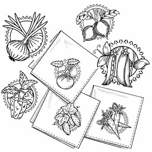May include: Black and white line drawing illustration of various vegetables, including onions, tomatoes, carrots, cucumbers, peas, and beets. The vegetables are arranged in a circular pattern on a white background.