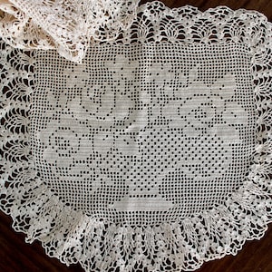 3 Filet Crocheted Doilies, Medium Ecru Doilies Lot, Vintage Table Linens, Dresser Cloths 15547