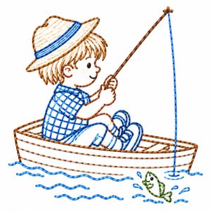 May include: An embroidery design featuring a child wearing a straw hat and a blue plaid shirt, sitting in a brown wooden boat. The child holds a fishing rod with a blue line extending into blue water, where a small green fish is jumping out.