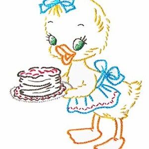 May include: An embroidery design of a yellow duckling with green eyes, wearing a blue bow on its head and a blue-trimmed white apron. The duckling holds a white plate with a multi-layered cake featuring red accents, rendered in colourful thread.