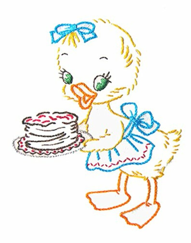 May include: An embroidery design of a yellow duckling with green eyes, wearing a blue bow on its head and a blue-trimmed white apron. The duckling holds a white plate with a multi-layered cake featuring red accents, rendered in colourful thread.