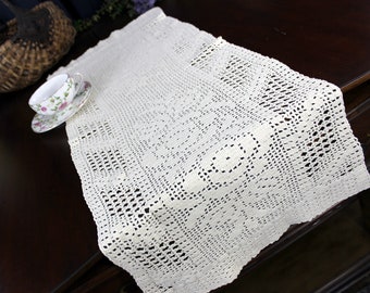 Filet Lace Runner, Cream Crochet Table, or Mantle Scarf, Vintage Table Linens 18346