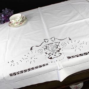 DAMAGED Cutwork Table Topper, Small Tablecloth, Antique Table Linens 18695