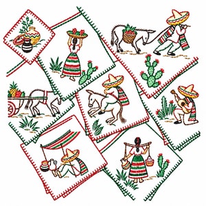 May include: A collection of white square fabric napkins featuring colorful machine embroidery designs of figures in sombreros, donkeys, cacti, and pottery. Each napkin has a decorative stitched border in alternating red and green thread.