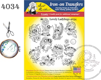 4034, Aunt Martha's®, Vintage Embroidery, Transfer Pattern, Hot Iron Transfers, NEW Uncut, Unopened Transfers, Lovely Ladybugs