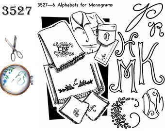 Aunt Martha's 3527, Six Alphabets, Pinecone, Hot Iron Transfer Pattern, Alphabet Embroidery Pattern, Needle Craft Patterns