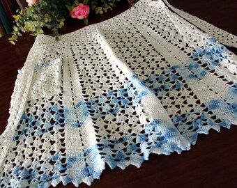 Crocheted Half Apron, Tie Waist, Hand Made Apron, Vintage Pinny 17223