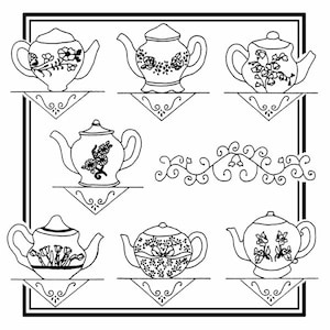 May include: A black and white line art illustration featuring seven distinct teapots, each decorated with unique floral patterns and resting on a small triangular doily. A decorative swirling vine element is positioned in the center.