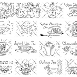 May include: Black and white line art featuring various tea-themed illustrations. Includes teacups, teapots, and text such as "Tea Time," "Tea Cakes," and different tea varieties like "Mint Tea" and "Chamomile Tea."
