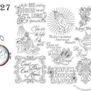 May include: Black and white line art illustrations of religious and inspirational quotes and images. The images include a cross, a dove, praying hands, a person kneeling, and a loaf of bread. The text includes quotes from the Bible, such as "As for me and my house, we will serve the Lord" and "The Lord is my shepherd, I shall not want."