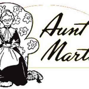 May include: Black and white illustration of a woman sitting in a chair with a cat beside her. The text "Aunt Martha's" is written in a cursive font.