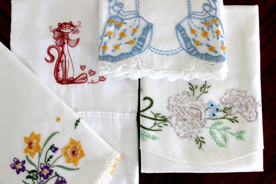 Vintage Hand Embroidered Pillowcases Hand Embroidery Pillow Case Embroidered