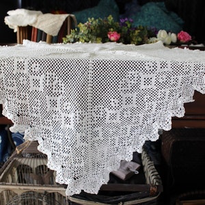Small Tablecloth, Wedding White, Vintage Linen Embroidered and Filet Crocheted 17217 image 1