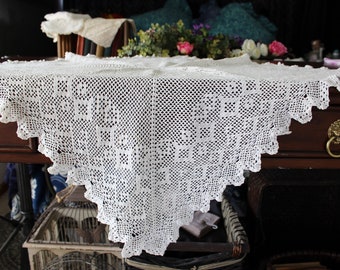 Small Tablecloth, Wedding White,  Vintage Linen Embroidered and Filet Crocheted  17217