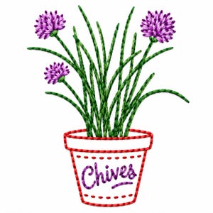 May include: An embroidery design of a chive plant with three purple spherical flower heads and multiple green stems. The plant is contained in a white pot outlined in red stitching with the word Chives embroidered in purple script text.